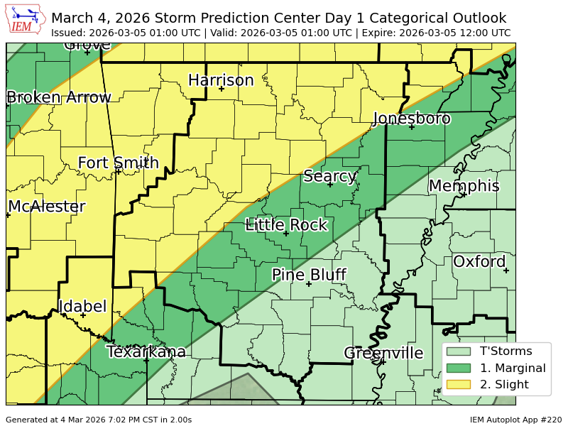 #SPC issues Day 1 Slight Convective Risk at Mar 5, 1:00z for LZK spc.noaa.gov/products/outlo…
