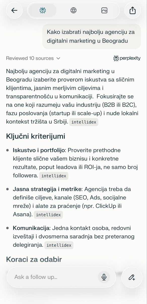 Intellidex_'s tweet photo. Na jednostavno pitanje: “Kako izabrati najbolju agenciju za digitalni marketing u Beogradu?”

@perplexity_ai ima sjajne citate koje koristi za praktične odgovore. https://t.co/B1svTShbds