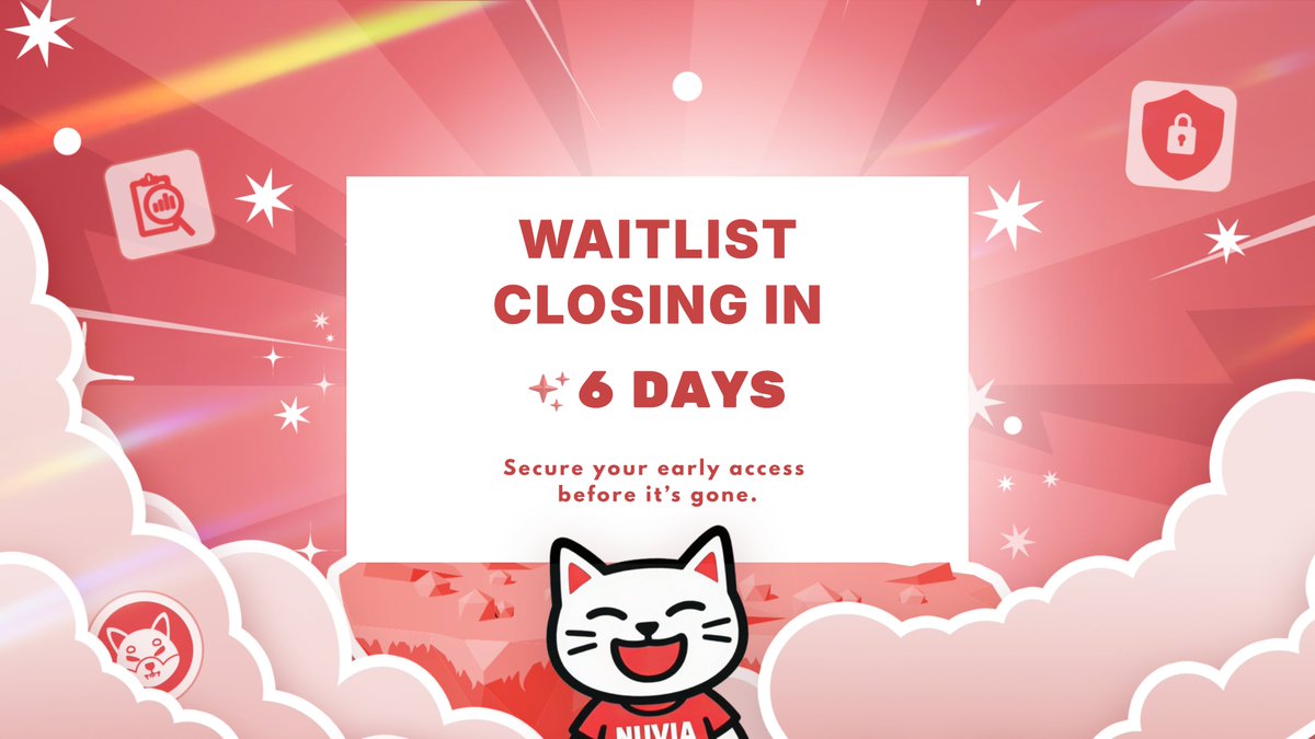 6 days left before the Nuvia Finance waitlist closes.

Don’t miss your chance to get early access.

Only registered waitlist users will be able to enter the Nuvia Finance testnet.

Join the waitlist now.
nuviafinance.com/waitlist
