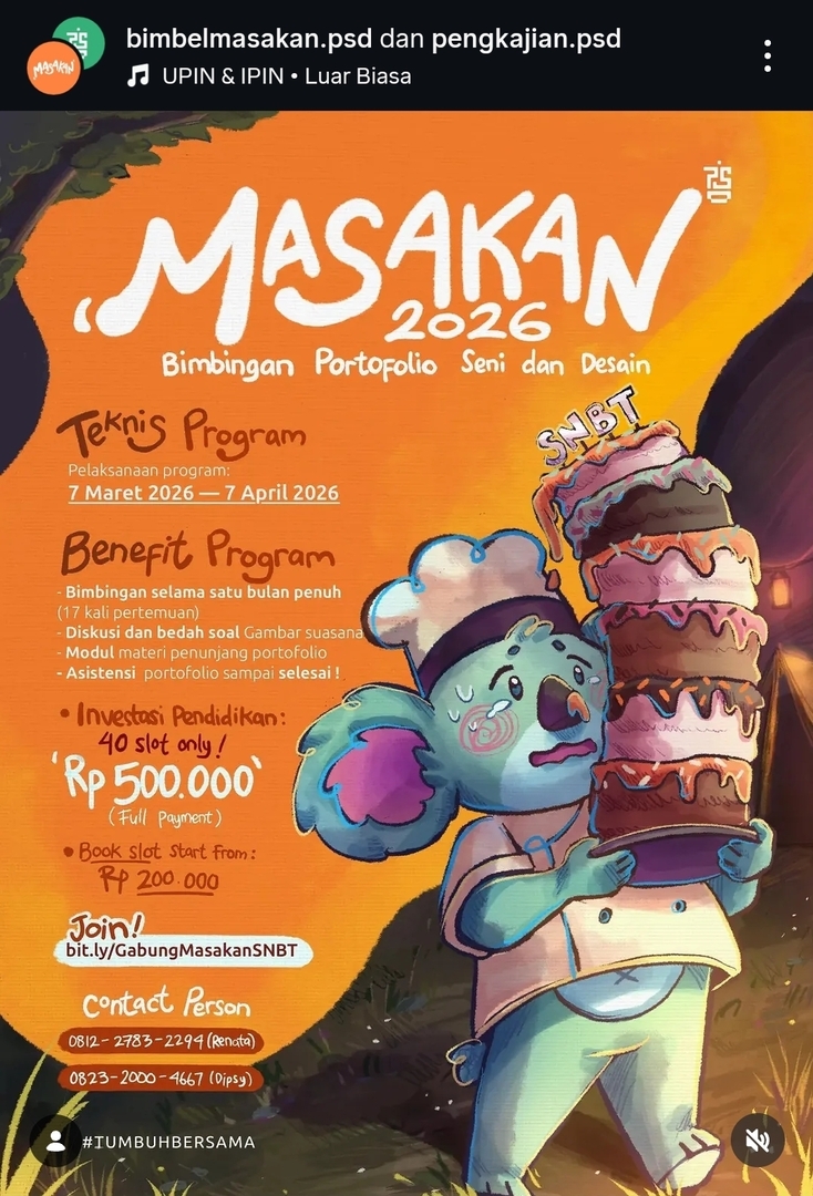 artistsbase's tweet photo. Halo artist! Buat kalian yg mau daftar SNBT di jurusan seni/desain tp masih bingung soal PORTOFOLIONYA, sender rekomendasiin ikut bimbel online Masakan ini ges. Diajar sebulan full, mentornya asik, dan alumninya banyak yg lolos ke univ top, DIJAMIN WORTH IT! thx🙏 https://t.co/VRLkAxiGds