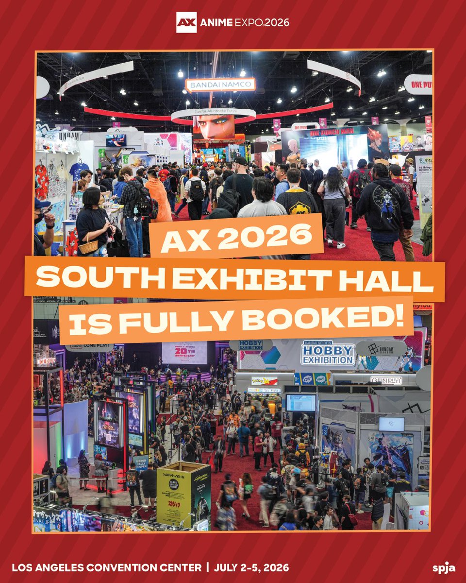 AnimeExpo's tweet photo. 🛍️ SOUTH EXHIBIT HALL is FULLY BOOKED! 🥳 

From must-have anime merch to rare collectibles, #AX2026 is lining up an exciting array of exhibitors for the show floor. Keep an eye out for the full exhibitor list! 🚀🔥

🔗 Register Now! https://t.co/N1Jg8alpOC
🏩 Book a Room! https://t.co/n3iyj67VKB

Anime Expo 2026 | July 2-5, 2026 | Los Angeles Convention Center, CA

#AnimeExpo #AX2026 #AnimeExpo2026 #Anime #Japan #LosAngeles #Manga #Cosplay #Otaku #Gaming #RPG #AMV #Shoujo #Shounen #SouthHall #LACC #AXSouthHall #LosAngelesConventionCenter