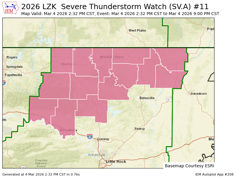 LZK issues Severe Thunderstorm Watch for Baxter, Boone, Fulton, Izard, Johnson, Lawrence, Marion, Newton, Pope, Randolph, Searcy, Sharp, Stone, Van Buren [AR] till Mar 4, 9:00 PM CST mesonet.agron.iastate.edu/vtec/f/2026-O-…