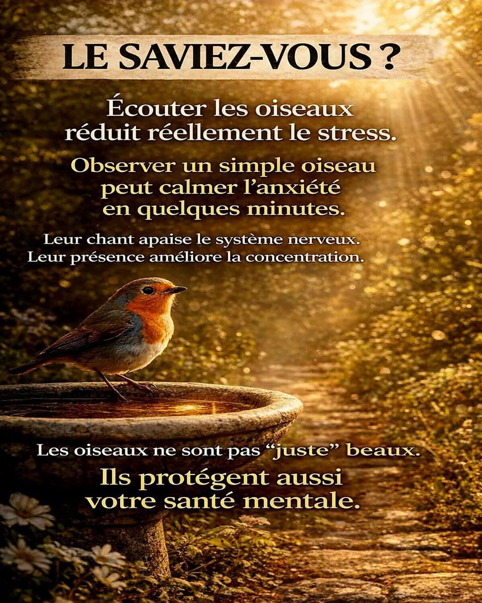 veritebeaute's tweet photo. ARRÊTEZ.
Respirez.

Écoutez un oiseau.

Votre cerveau vous dira merci. 🧠🕊️

Leur chant réduit le stress.
Leur présence apaise l’esprit.

Et si la meilleure thérapie
était déjà dans votre jardin ?

💚 Partagez si vous aimez entendre les oiseaux le matin. https://t.co/3qNqbGlVvl