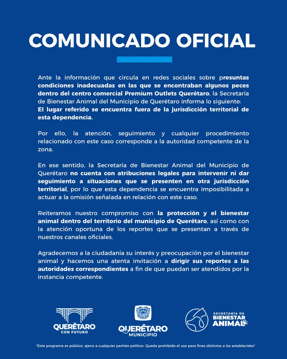 LennyzChacon's tweet photo. Ante la información que circula en redes sociales sobre presuntas condiciones inadecuadas de algunos peces en Premium Outlets Querétaro, informamos que este establecimiento se encuentra fuera de la jurisdicción del @qromunicipio. https://t.co/tfk67qJtj5