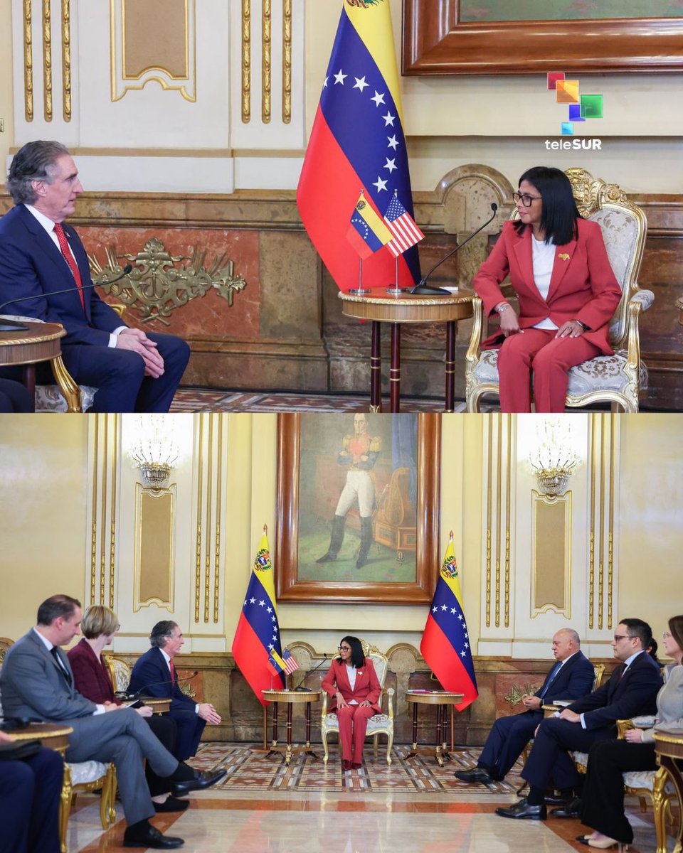 telesurenglish's tweet image. Acting President Delcy Rodriguez welcomed U.S. Secretary of the Interior Doug Burgum to #Caracas, Miraflores. A strategic dialogue to strengthen energy and mining exchanges.