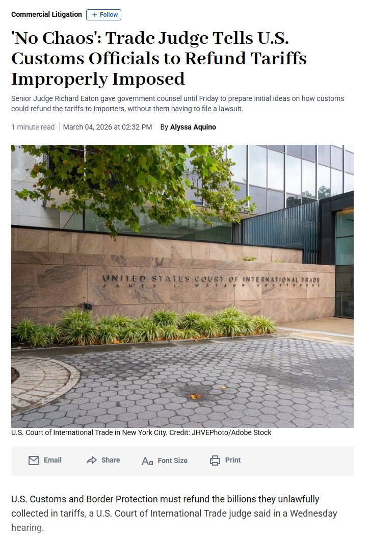 🚨IEEPA REFUND UPDATE🚨

"Senior Judge Richard Eaton gave government counsel until Friday to prepare initial ideas on how customs could refund the tariffs to importers, without them having to file a lawsuit."

More, please.