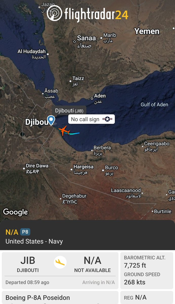 sipjack1776's tweet photo. P-8A πΊπ²
#AE67DF
RTB Djibouti from the Arabian Sea/Gulf of Aden. https://t.co/Q9pX72D2Ul