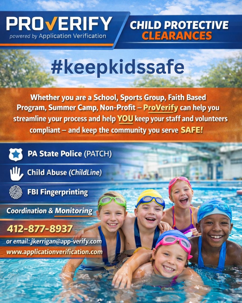 AppVerification's tweet photo. Do you have summer camps or programs coming up? ☀️🏕️
 Need help coordinating background checks and child protective clearances?
ProVerify can help! 📞 Call us today: 412-877-8937📧 Email Jen: jkerrigan@app-verify.com https://t.co/kBzzvSkrQ6