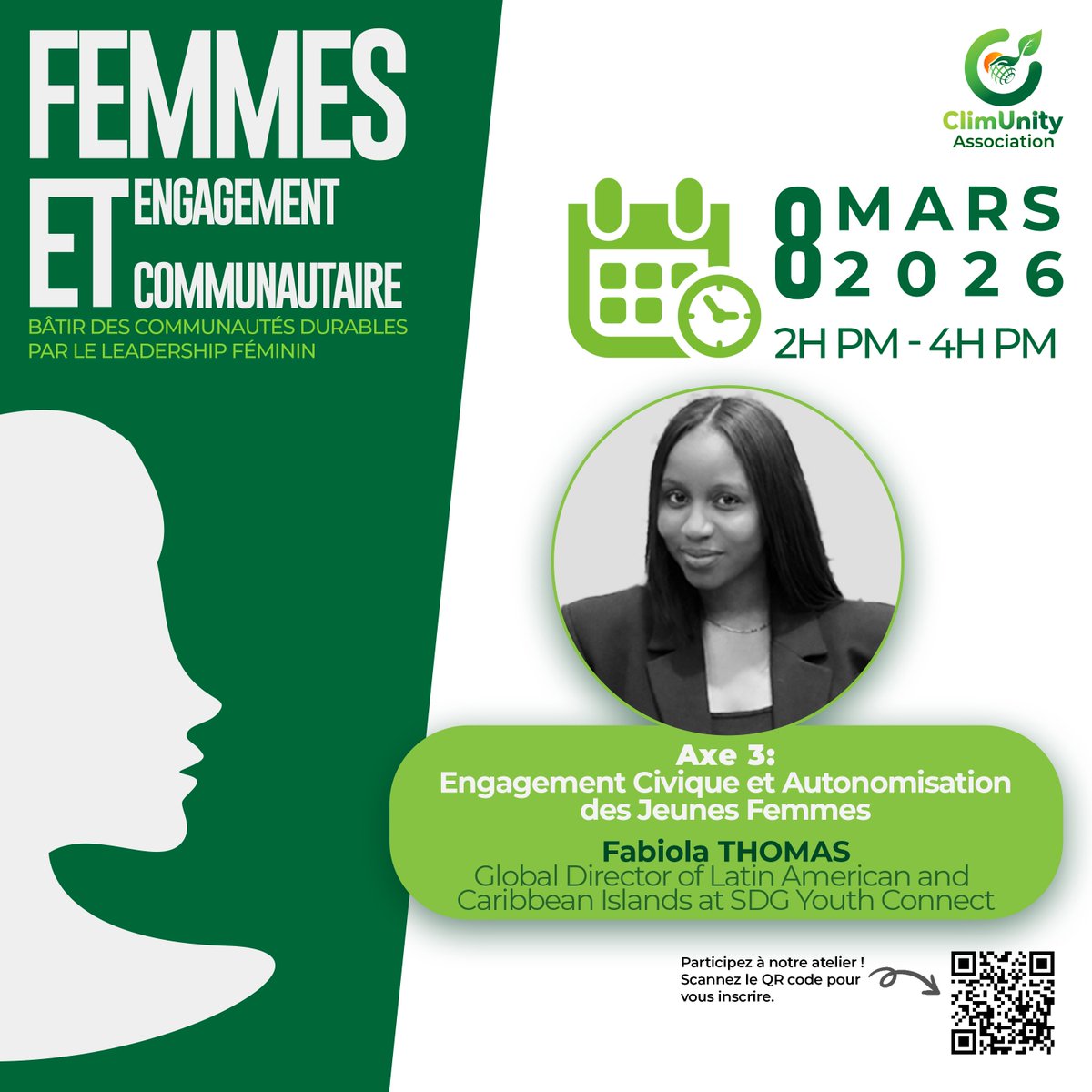 climunityht's tweet photo. Fabiola THOMAS interviendra sur l’engagement civique et l’autonomisation des jeunes femmes lors de l’atelier Femmes et engagement communautaire, le 8 mars 2026, à l’occasion de la Journée Internationale des Droits des Femmes.

Inscription 👉 https://t.co/epC7QqsoUa https://t.co/kWSf5SPYvX