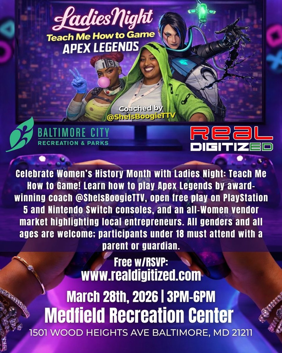 Boogie here! Hi hello🥰 

Your favorite coach will be hosting a ladies night in Baltimore and teaching those who show up how to play Apex Legends. From character learning, gun control and the differences, and so much more. For more info or the link to  grab your ticket, please DM