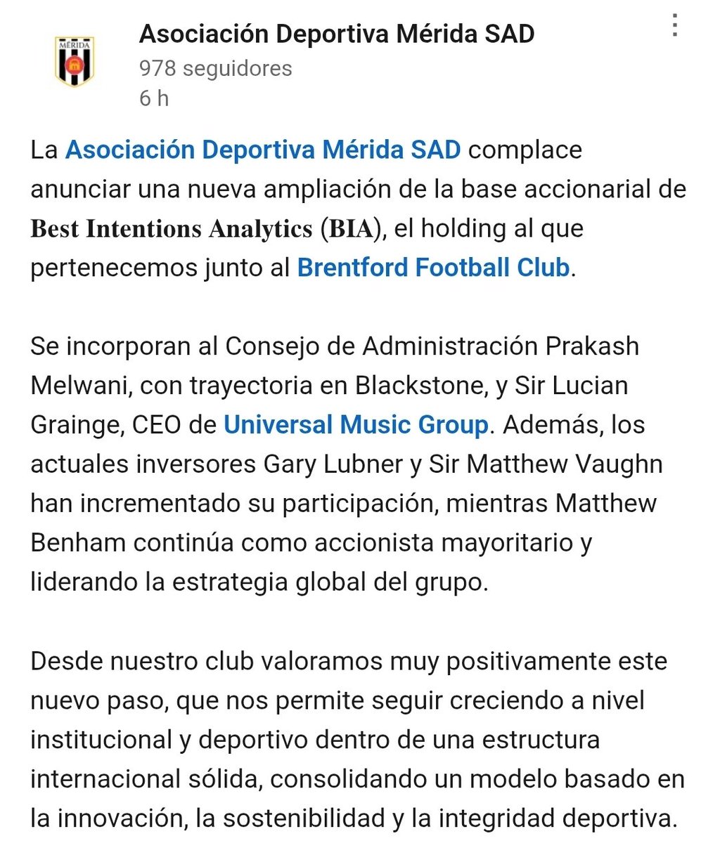 Movimiento importante a nivel institucional del <a href="/Merida_AD/">A.D. Mérida</a>.
La ampliación accionarial de BIA, con nombres como Prakash Melwani y Sir Lucian Grainge, refuerza una estructura internacional que sigue creciendo.
El proyecto también crece fuera del campo. ⚪️⚫️