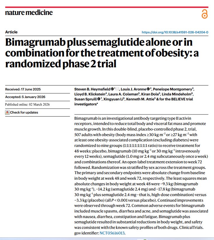 IntegralAnswers's tweet image. BELIEVE Trial: Semaglutide + Bimagrumab

Weight loss is not just about pounds.
It’s about what tissue you lose.

The BELIEVE trial tested whether combining semaglutide + bimagrumab could shift weight loss toward fat while preserving muscle.

Here’s why that matters. 🧵