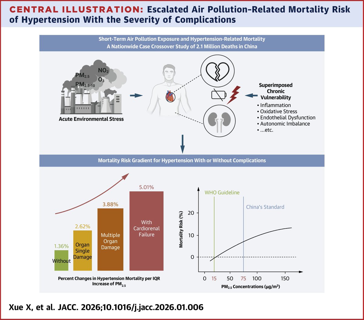 ACCinTouch's tweet image. Short-term air pollution acts as an acute stressor in individuals w/ #hypertension &amp;amp; amplifies mortality risk based on existing conditions, according to a nationwide study of 2.1 million hypertension-related deaths in China published in #JACC. 🔗 bit.ly/46Glt9z #cvPrev