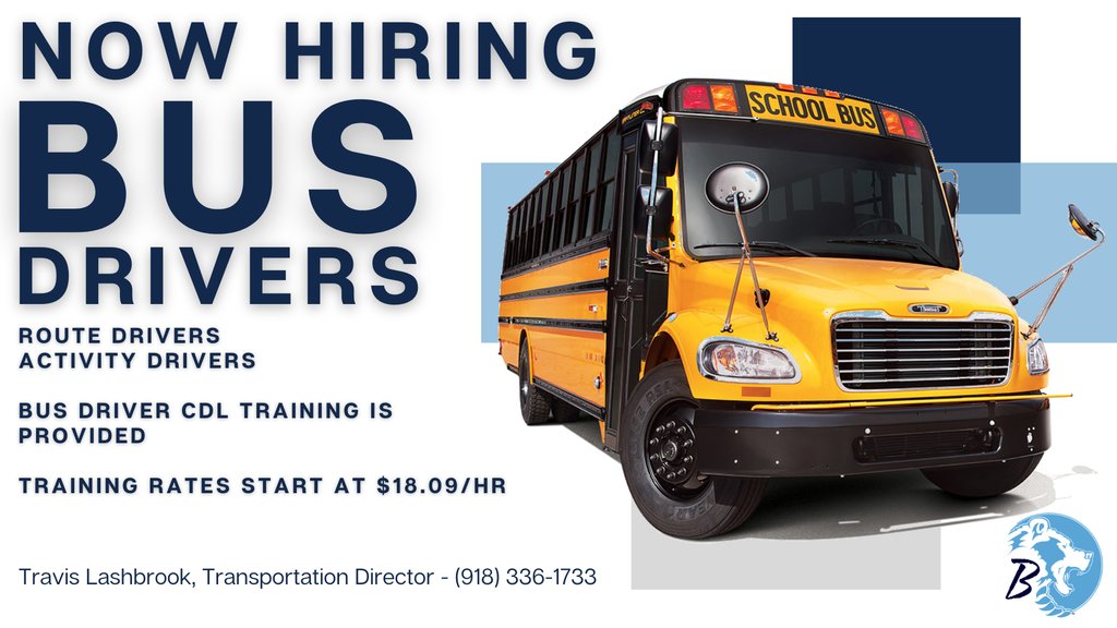 BPSDBruins's tweet photo. We're hiring bus drivers! Apply at https://t.co/bga2vKlLON and navigate to Transportation. Training rates start at $18.09/hr. https://t.co/mRKGUACEcL