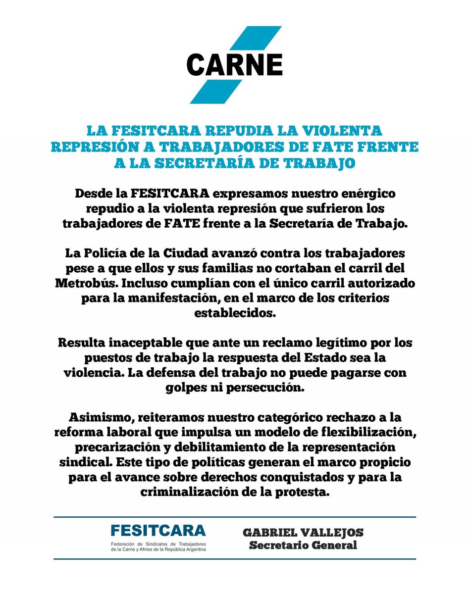 fesitcara's tweet photo. 🔵 LA FESITCARA REPUDIA LA VIOLENTA REPRESIÓN A TRABAJADORES DE FATE FRENTE A LA SECRETARÍA DE TRABAJO

Desde la FESITCARA expresamos nuestro enérgico repudio a la violenta represión que sufrieron los trabajadores de FATE frente a la Secretaría de Trabajo. https://t.co/WOgGaS4Kp0