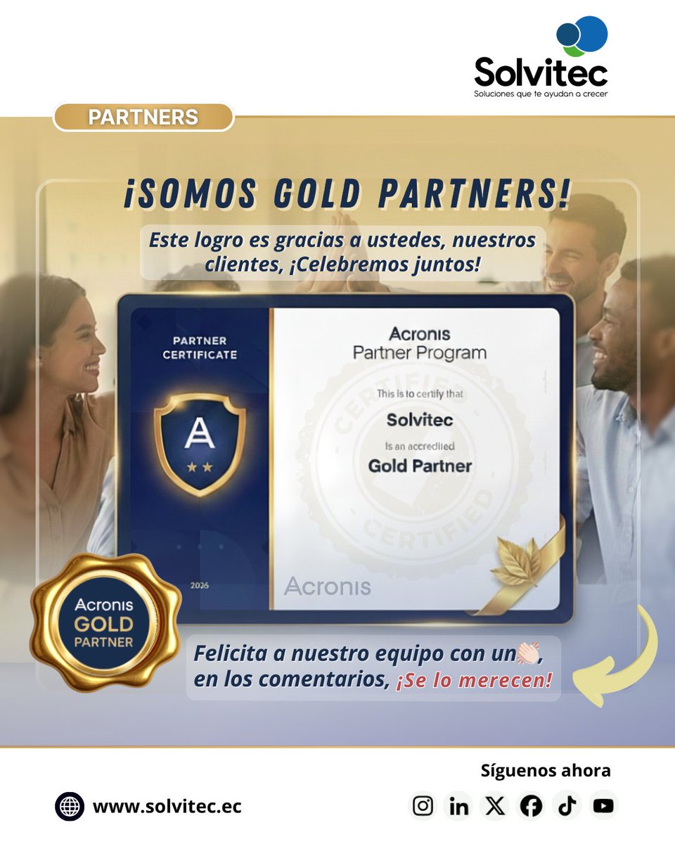 solvitec_ec's tweet photo. | Logro  

Este es el resultado del compromiso de @solvitec_ec  con cada uno de sus clientes y equipo diariamente al ser parte de proyectos e ideas TI, impulsamos la superación sin límites. ¡Celebremos Juntos! 🥂

#BusinessGoals #Success #Logros #Crecimiento #Ecuadortech #Acronis https://t.co/i49FIxC7Lr