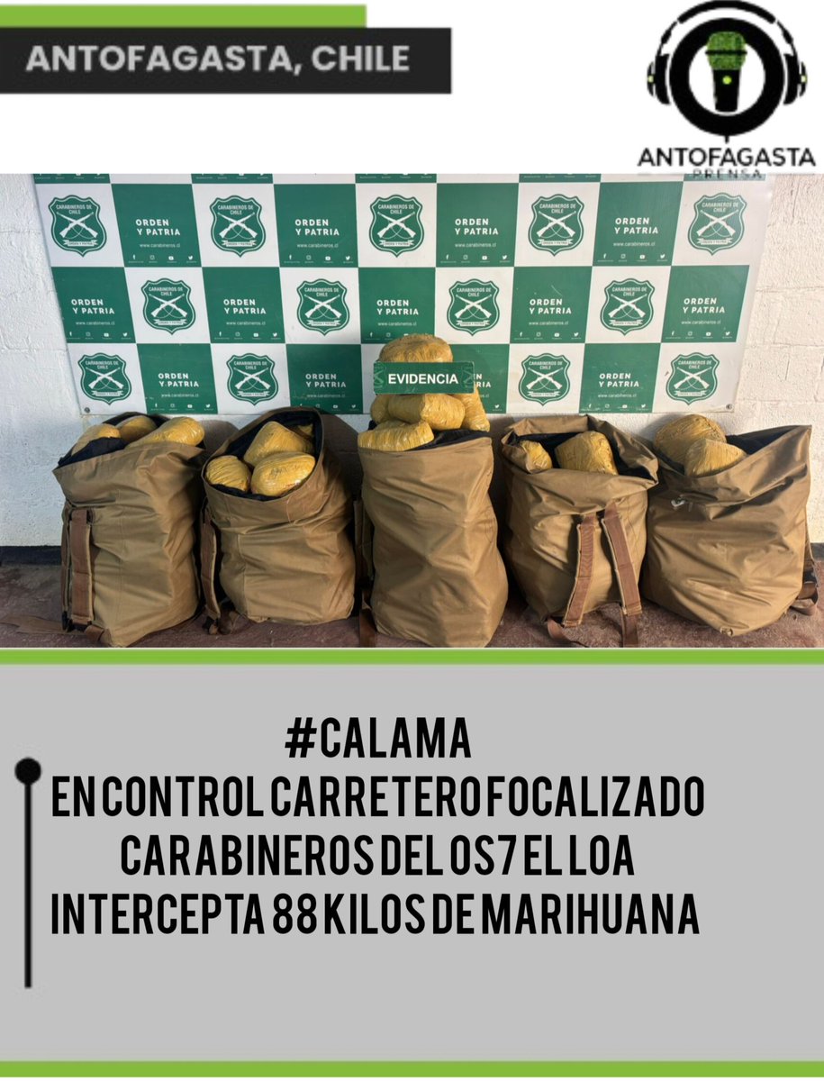 #Calama Carabineros OS7 incautó 88 kilos de marihuana tras una persecución en la Ruta B25. El conductor, un extranjero irregular, fue detenido y quedó en prisión preventiva por tráfico de drogas. Se fijaron 120 días de investigación.