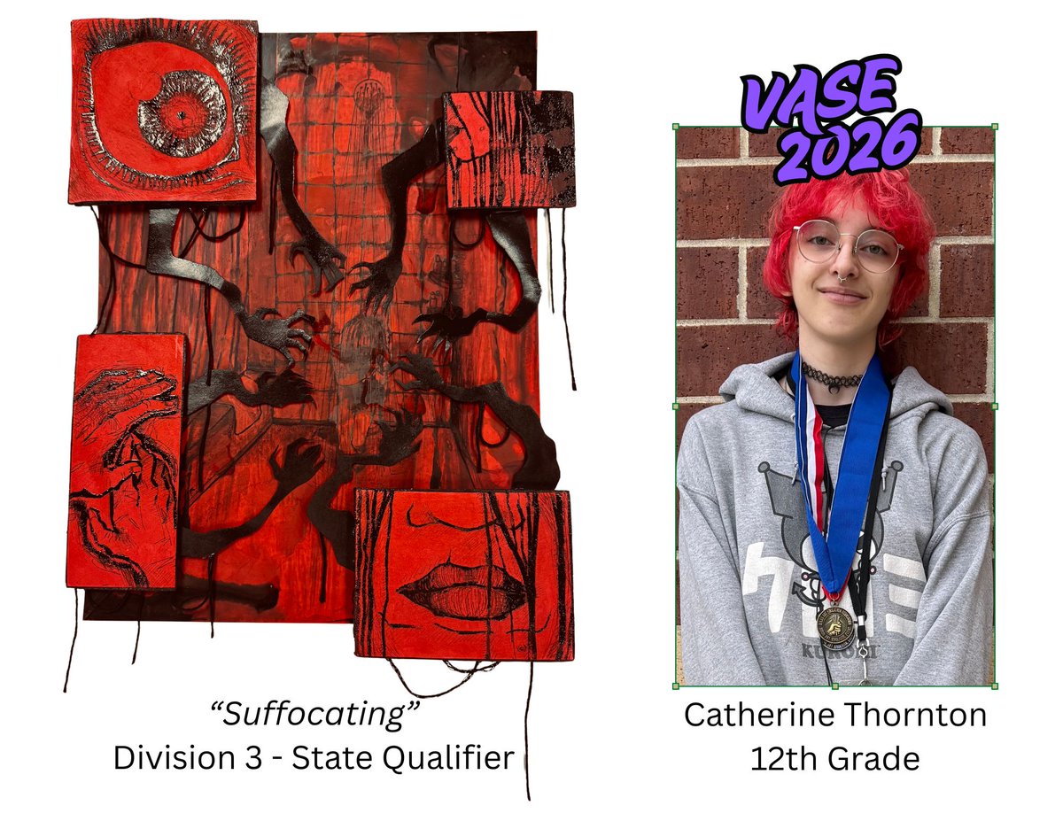 Fulshear_HS's tweet photo. Three Fulshear HS artists are advancing to the VASE State competition! Out of Fulshear's 94 entries, 78 earned the top score of 4. Huge congrats to Jia Yi Zhang, Elena Hults, and Catherine Thornton!
Charger artists continue to shine! 💜🖤
#ChargerArtist #CreateMagic https://t.co/ANlqzqh30g