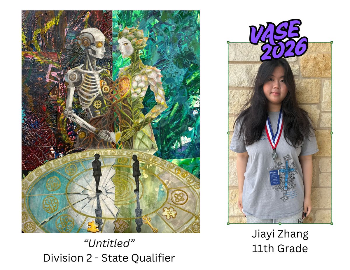 Fulshear_HS's tweet photo. Three Fulshear HS artists are advancing to the VASE State competition! Out of Fulshear's 94 entries, 78 earned the top score of 4. Huge congrats to Jia Yi Zhang, Elena Hults, and Catherine Thornton!
Charger artists continue to shine! 💜🖤
#ChargerArtist #CreateMagic https://t.co/ANlqzqh30g