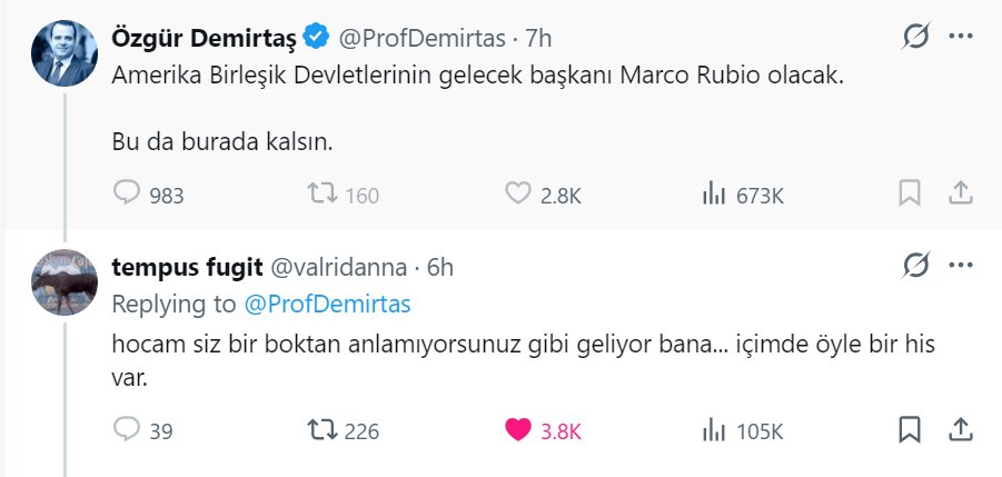 Burada Özgür Demirtaş'ı delirten mesele şudur:
6 milyon takipçili Özgür Demirtaş'ın twiti 2800 like almışken, 2800 takipçili hesabın cevabı 3800 like almış.
2 sene evvel sadee ünlem işareti yazdığı twiti 10 dakikada 10 bin layk alırdı.
Müridleri böyle cevaplara saldırırlardı..