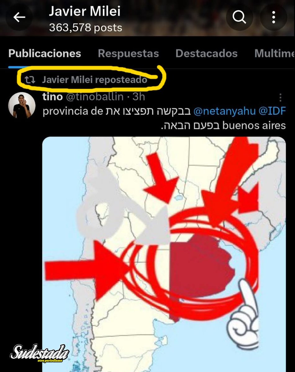 ChrisRodrigAl's tweet photo. 🇦🇷 Milei invite Netanyahou a BOMBARDÉ Buenos Aires

Ce n'est même pas une blague.

Après les attaques israéliennes contre l'Iran, le président de l'Argentine a partagé sur X une publication désignant la province de Buenos Aires (gouvernée par la gauche) comme prochaine cible pour Netanyahou. Le post a depuis été supprimé par son auteur.

👉 Peu après le début de l'attaque contre l'Iran, l'Argentine communiquait qu'elle « apprécie et soutient les actions conjointes des États-Unis et d'Israël ». Milei se dit d'ailleurs « admirateur » de Trump.

En France, le directeur de la Maison de l'Argentine de la Cité universitaire de Paris a même fait retirer récemment la plaque commémorative des 30.000 victimes de la dictature civico-militaire. Santiago Muzio a été nommé à ce poste par Milei et est aussi un proche collaborateur de Marion Maréchal Le Pen.

Voilà pour les nouvelles de l'extrême droite au pouvoir en Argentine. Vous allez voter pour cela en France ?