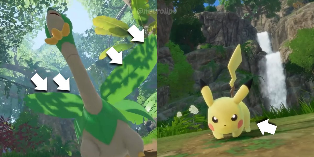 necrolipe's tweet image. Revendo o trailer de Pokémon Ventos &amp;amp; Ondas fica claro como a Game Freak vai priorizar o bom uso do sistema de iluminação da engine dela

A projeção de sombra das folhas da árvore nas folhas do Tropius e o "reflexo" da grama esverdeando o Pikachu me deixou bem animado com isso