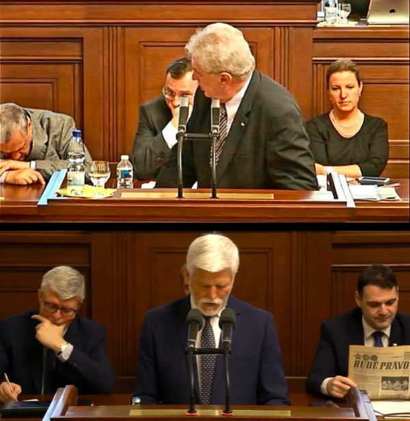 2013: Zeman pronáší projev dlouhý 46 minut spatra 
2026: Pavel nepřečte 10 minutovou řeč bez přeřeknutí