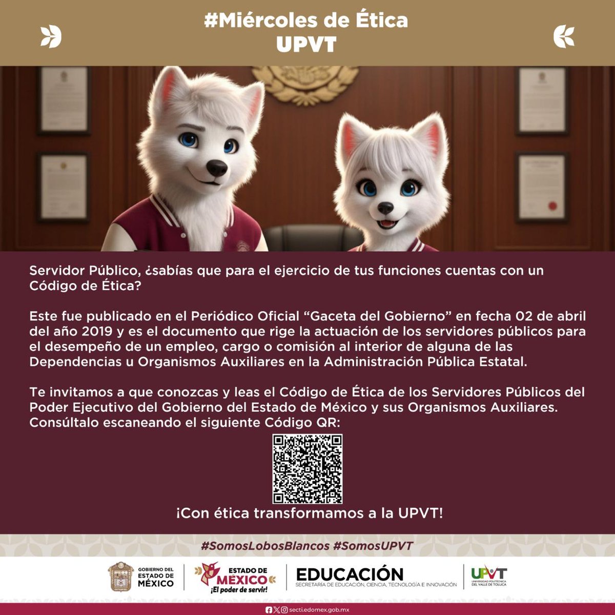 UPVToficial's tweet photo. ¡#MiércolesDeÉtica en la #UPVT!
El Código de Ética de los Servidores Públicos del Poder Ejecutivo del Gobierno del Estado de México contiene los valores, principios y reglas de integridad que rigen el servicio público los cuales buscan formar una ética e identidad profesional. https://t.co/0pbcLSptvw