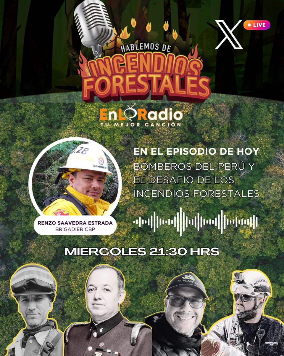 🎙️ HOY en vivo conversamos con el Brigadier CBP Renzo Saavedra Estrada, Jefe Nacional del Programa de Respuesta a Incendios Forestales PRIF Bomberos Perú 
🕘 Horarios:
🇨🇱 Chile → 21:30 hrs
🇵🇪 Perú → 19:30 hrs
🔴 enlaradio.cl
🔴 X Live → @hablemosif