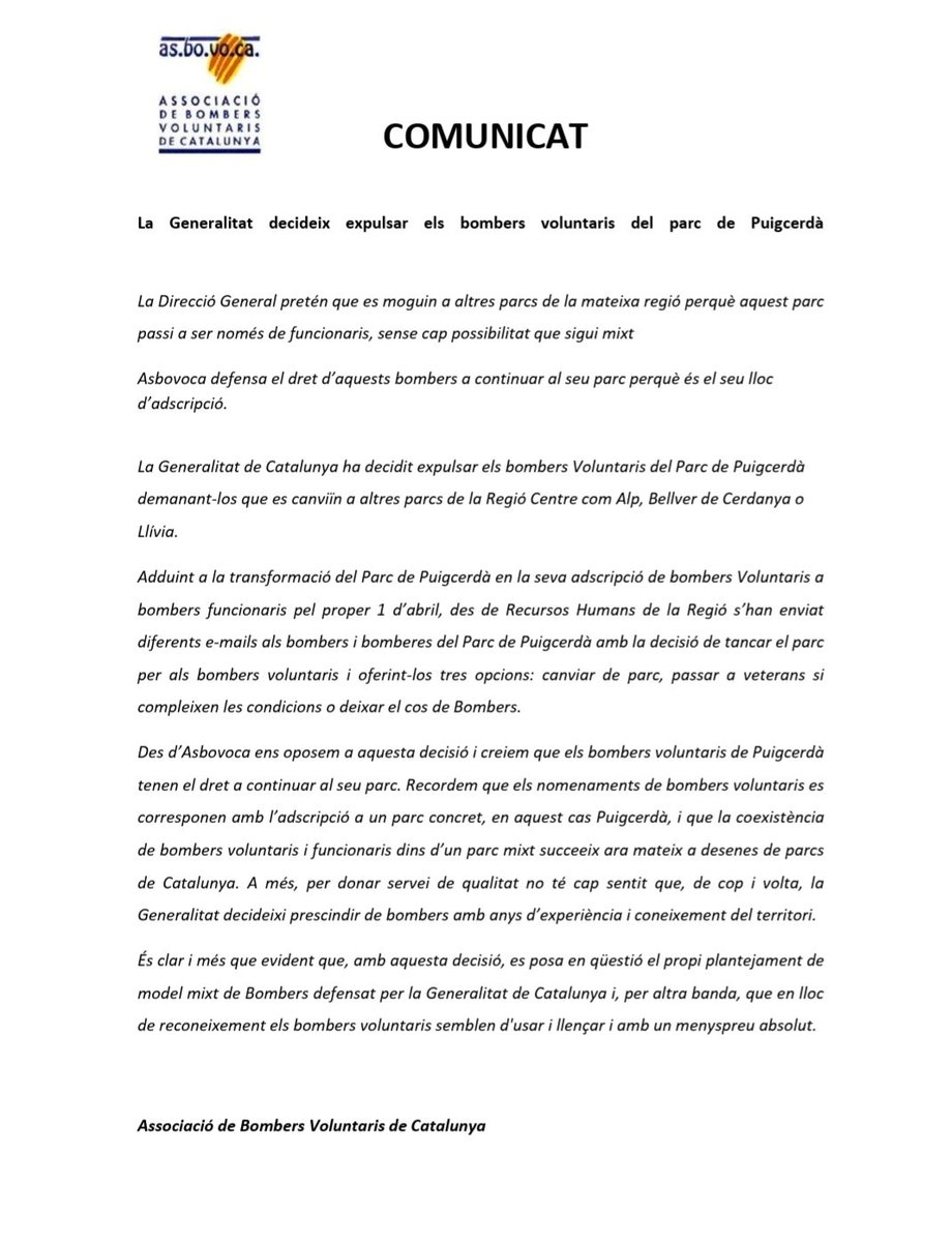 📌 COMUNICAT OFICIAL
<a href="/ASBOVOCA/">ASBOVOCA</a> ens oposem al trasllat forçós dels bombers de Puigcerdà en la reconversió d'aquest parc.Els  <a href="/bomberscat/">Bombers</a> de Puigcerdà que tenen el seu nomenament i plaça en el parc tenen el dret i deure de continuar servint al país en la seva ciutat com sempre👩‍🚒🚒