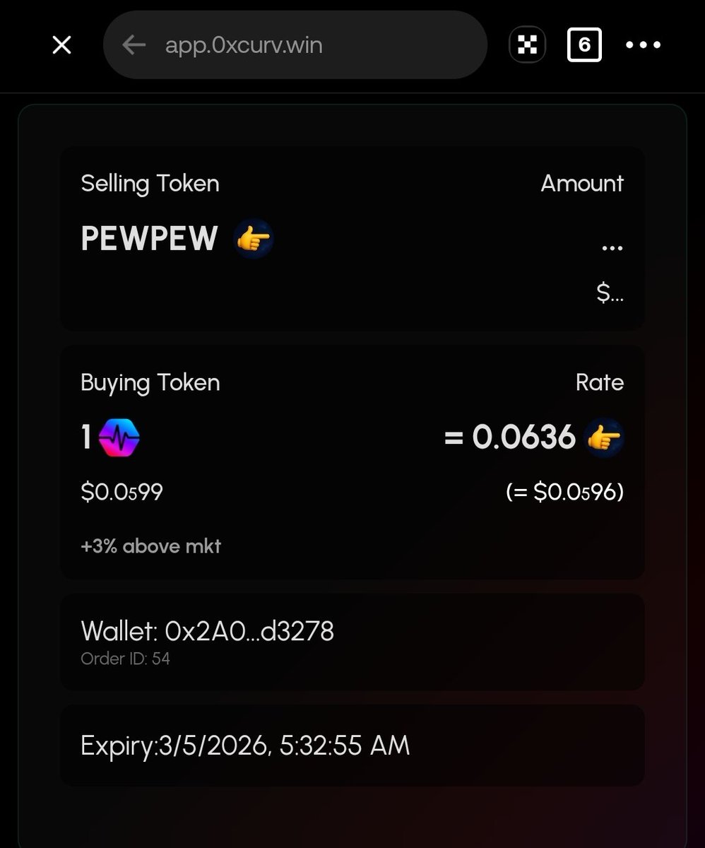 Blasters, there were 2 orders on <a href="/0xCurv/">0xCurv.win</a> for 1 million $PewPew each.

1 million was filled.

Still one more to buy out.

This is Benevolent of the seller so they don't dump the chart!