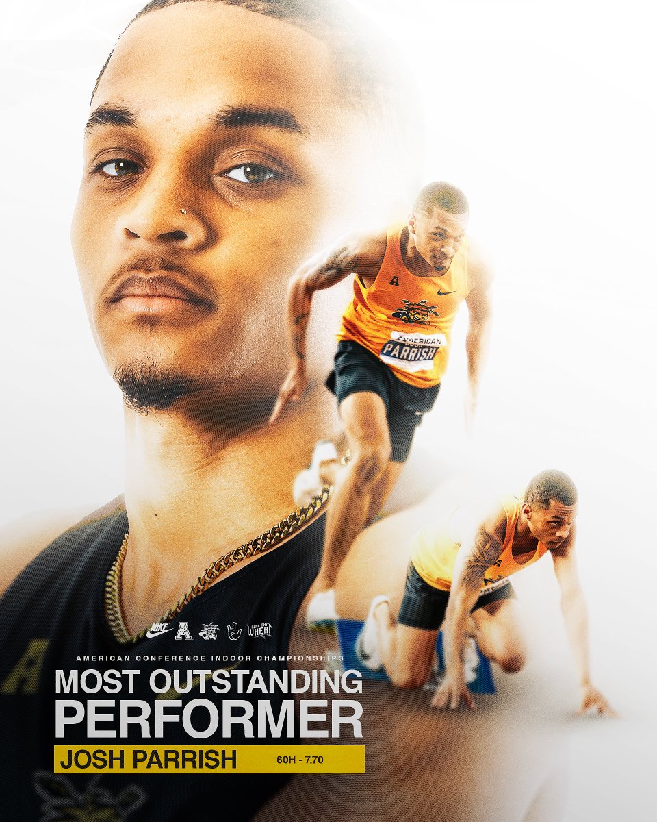 GoShockersTFXC's tweet photo. 𝗠𝗼𝘀𝘁 𝗢𝘂𝘁𝘀𝘁𝗮𝗻𝗱𝗶𝗻𝗴 𝗧𝗿𝗮𝗰𝗸 𝗣𝗲𝗿𝗳𝗼𝗿𝗺𝗲𝗿! ⭐️

With his 60-meter hurdles prelim time of 7.70, tying his personal best and program record, Josh Parrish was named the @American_Conf Most Outstanding Track Performer, ranking No. 31 in the nation!

#FearTheWheat https://t.co/RjG2jvEY9s