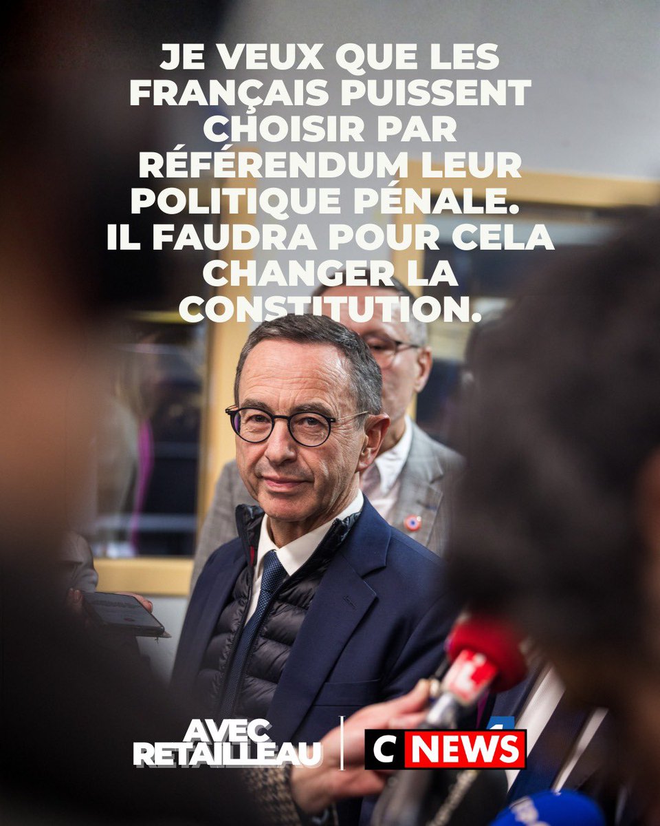 .<a href="/BrunoRetailleau/">Bruno Retailleau</a> : « Je veux que les Français puissent choisir par référendum leur politique pénale. Il faudra pour cela changer la constitution. » #NePlusSubir #AvecRetailleau