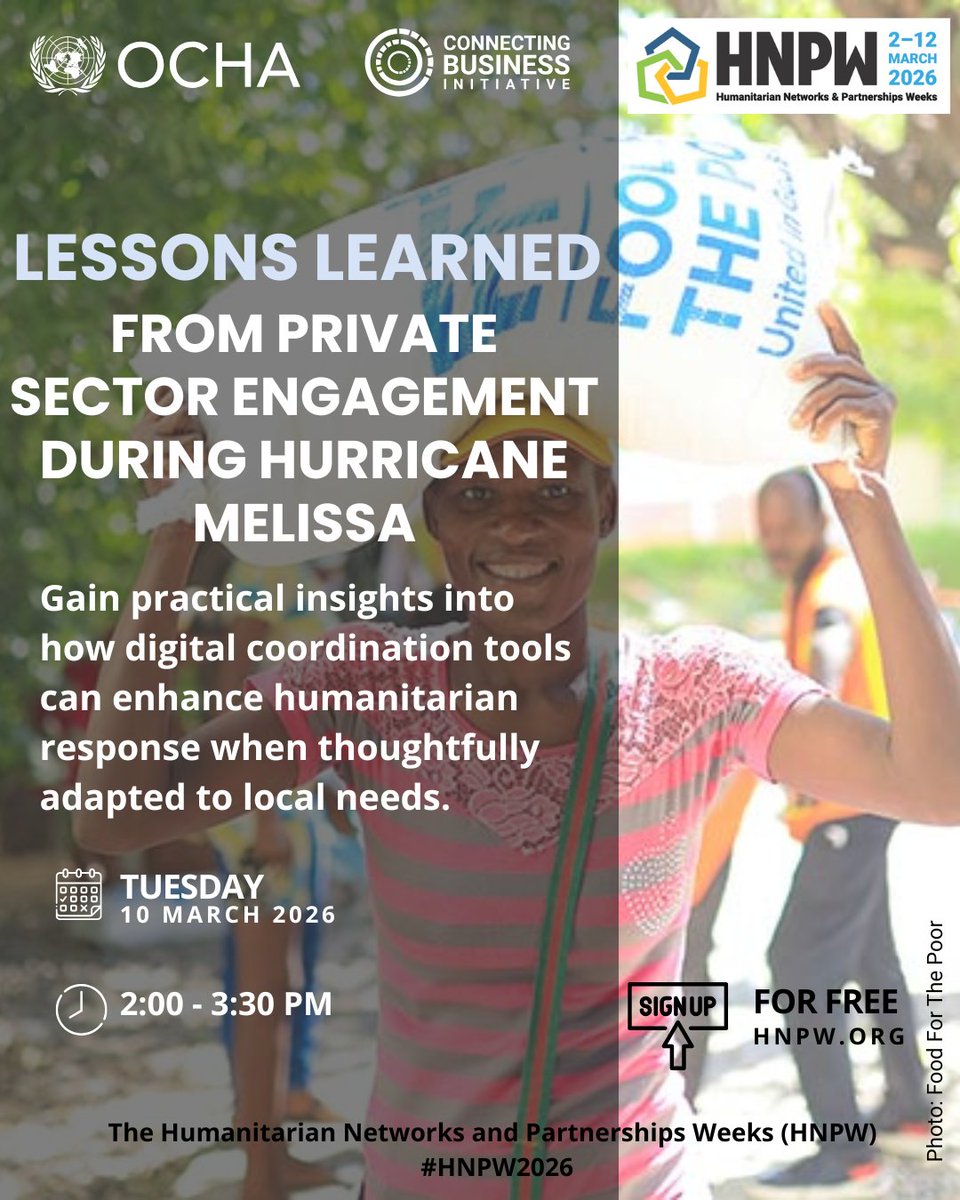 Connecting_biz's tweet photo. Gain practical insights into how digital coordination tools can enhance humanitarian response when adapted to local needs.

🌀Lessons Learned from Hurricane Melissa
📅 Tues 10 March 2026
⌚ 14:00 - 15:30
📍 CICG, Switzerland
🔗https://t.co/aHKJmABRAt

#HNPW2026 https://t.co/CsEsTTBMPl