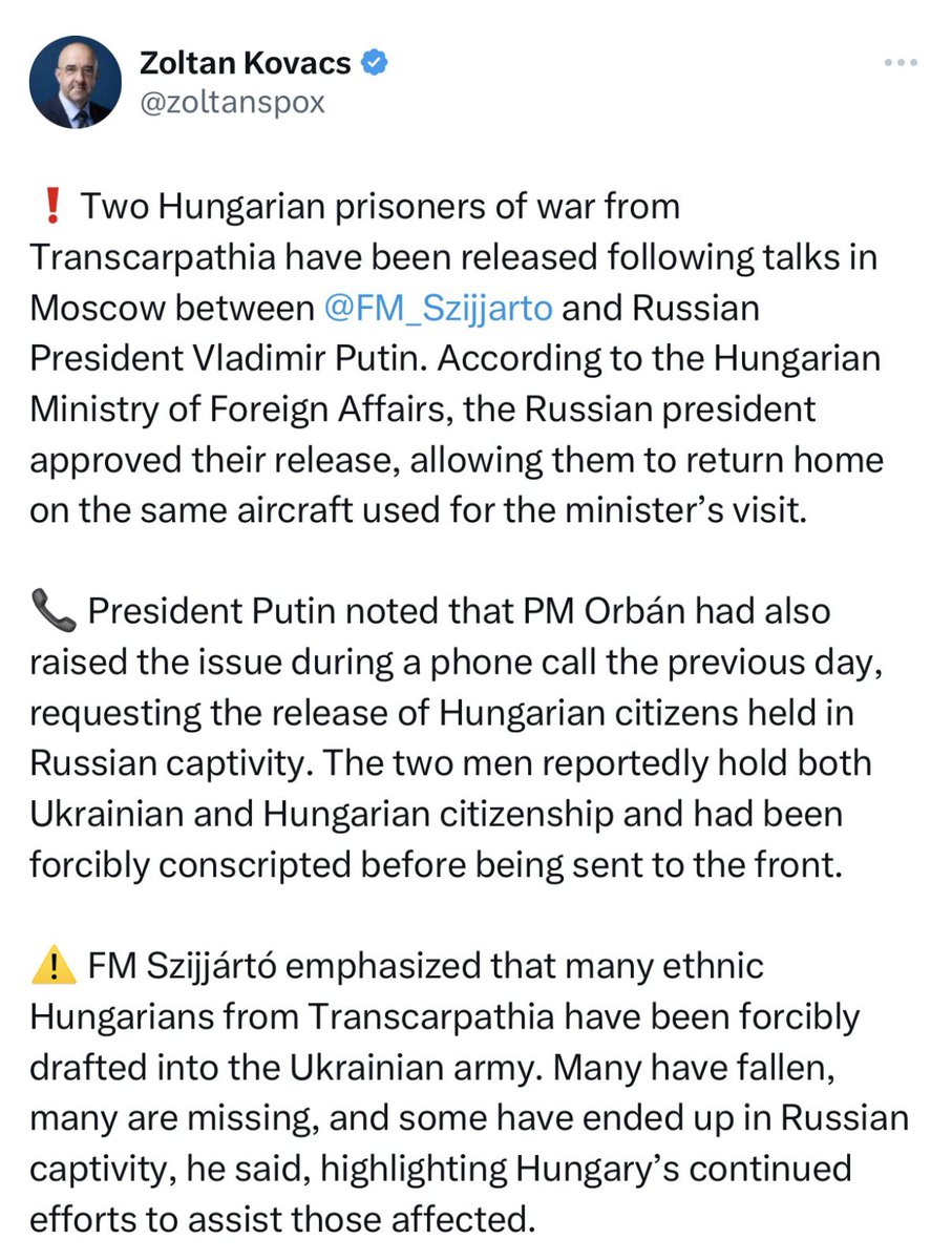 Orbánov predvolebný tromf: jeho FM si z moskvy nesie 🇺🇦 zajatcov, etnických Maďarov, ktorých teraz použije na príbeh, ako ich Zelensky donútil narukovať. Že Putin len tak niekoho prepustí a daruje vogonovi, ktorý vôbec nie je jeho agent a poskok, z toho samozrejme nevyplýva.🤡
