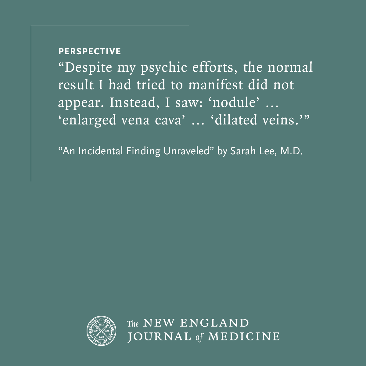 NEJM's tweet image. Perspective by Sarah Lee, MD: An Incidental Finding Unraveled nejm.org/doi/full/10.10…

#MedicalEthics #MedicalPractice