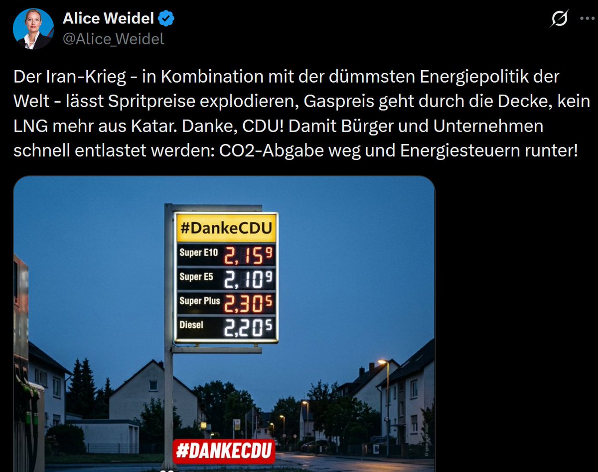 <a href="/Alice_Weidel/">Alice Weidel</a> Wenn das ÖL wieder günstig gen Westen fließt – gibts dann auch einen #DankeCDU von der AfD?

Wer mit Islamisten kuschelt, hat den Verstand verloren.