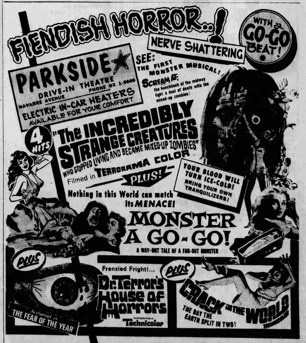 SeverinFilms's tweet photo. FIENDISH HORROR! WITH A GO-GO BEAT! It’s 3/4/66 in Toledo, and the Parkside Drive In – opened in 1949 and still going strong as the Sundance Drive In – https://t.co/mvss4dcBvT