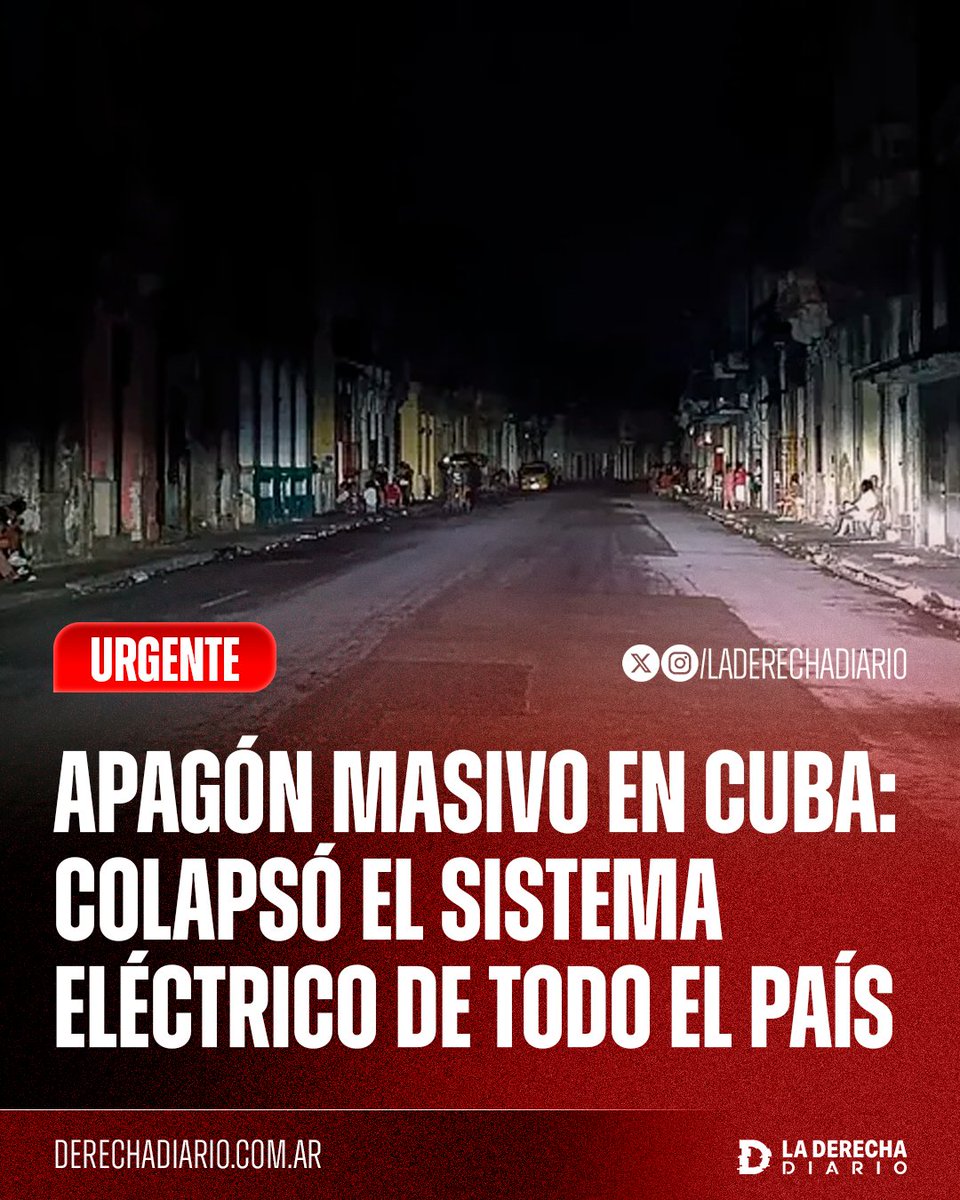 🚨🇨🇺 | #URGENTE APAGÓN MASIVO EN CUBA: Colapsó el sistema eléctrico de todo el país y todas las termoeléctricas y generadoras se encuentran fuera de sistema por culpa del régimen comunista de Díaz-Canel.