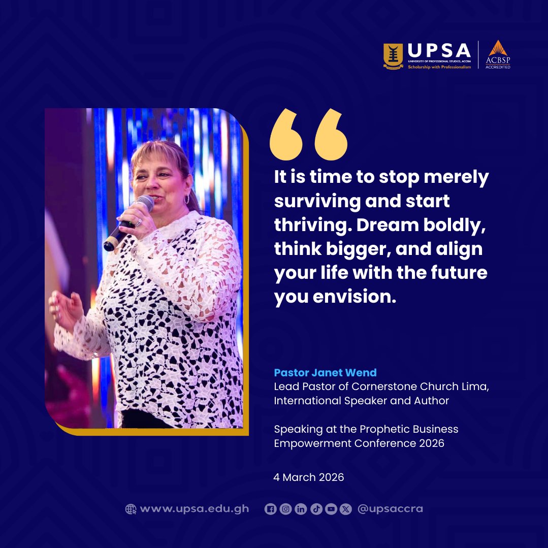 upsaccra's tweet image. The marketplace rewards bold minds. Pastor Janet Wend urges professionals to shift from surviving to thriving. Align your vision and actions now.
 #ThrivingNotSurviving #VisionAlignment #PBEC2026 #BusinessGrowth