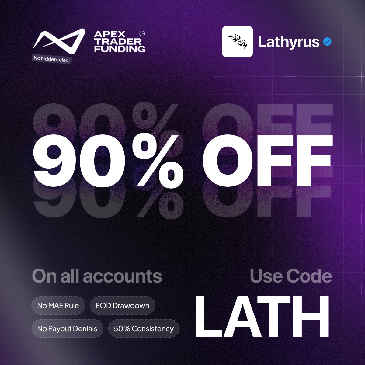 Excited to announce our partnership with 
<a href="/ApexTradeFund/">ApexTraderFunding</a> 

With there new rules there EASILY the best firm in the space. 

Take advantage of there 90% off today. 

 use code  "LATH"