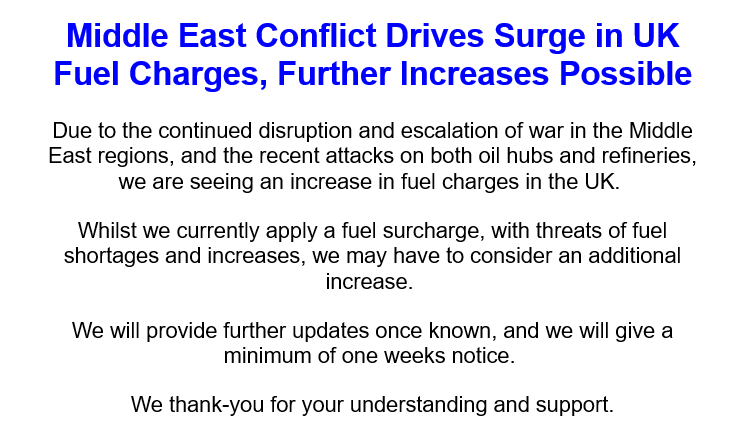 SandasonTrading's tweet photo. Please note that due to the escalating conflict in the Middle East, an emergency fuel surcharge will be applied to all current and new jobs booked from Monday, 9th March onwards. https://t.co/VvwJ00oVQk
