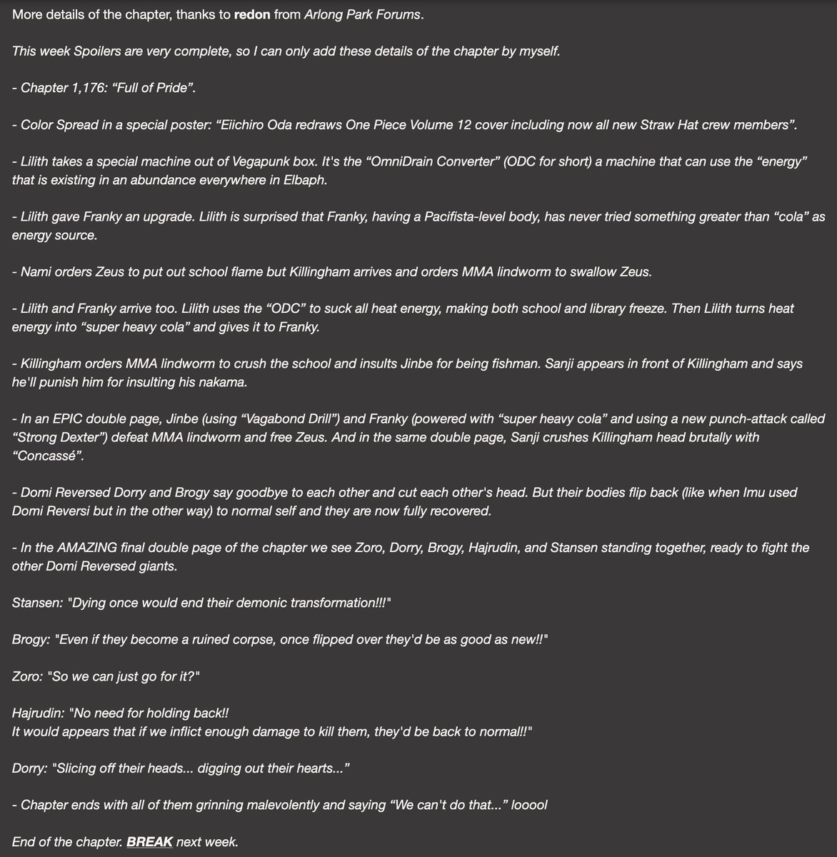 #ONEPIECE1176 

Full summary for onepiece chapter 1176 

(Thanks to <a href="/Mugiwara_23/">Sergio (redon)</a> )