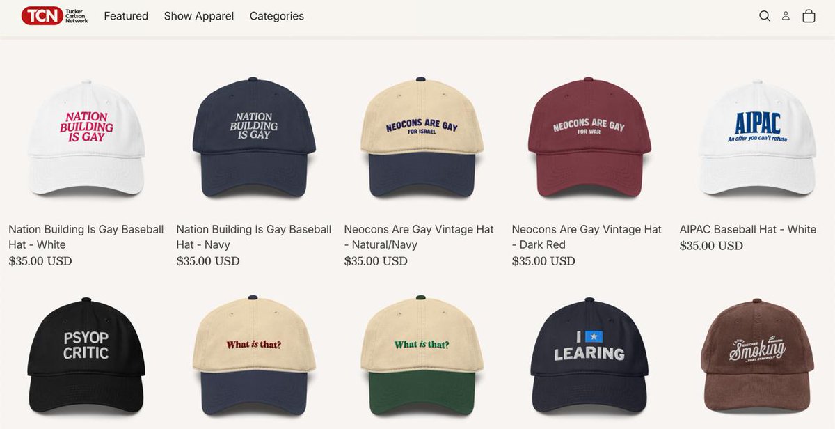 RT_com's tweet photo. Tucker Carlson sells MERCH that reads, ‘NATION BUILDING IS GAY,’ ‘NEOCONS ARE GAY FOR ISRAEL’ and ‘AIPAC AN OFFER YOU CAN’T REFUSE’ https://t.co/jAwM8bLnpt