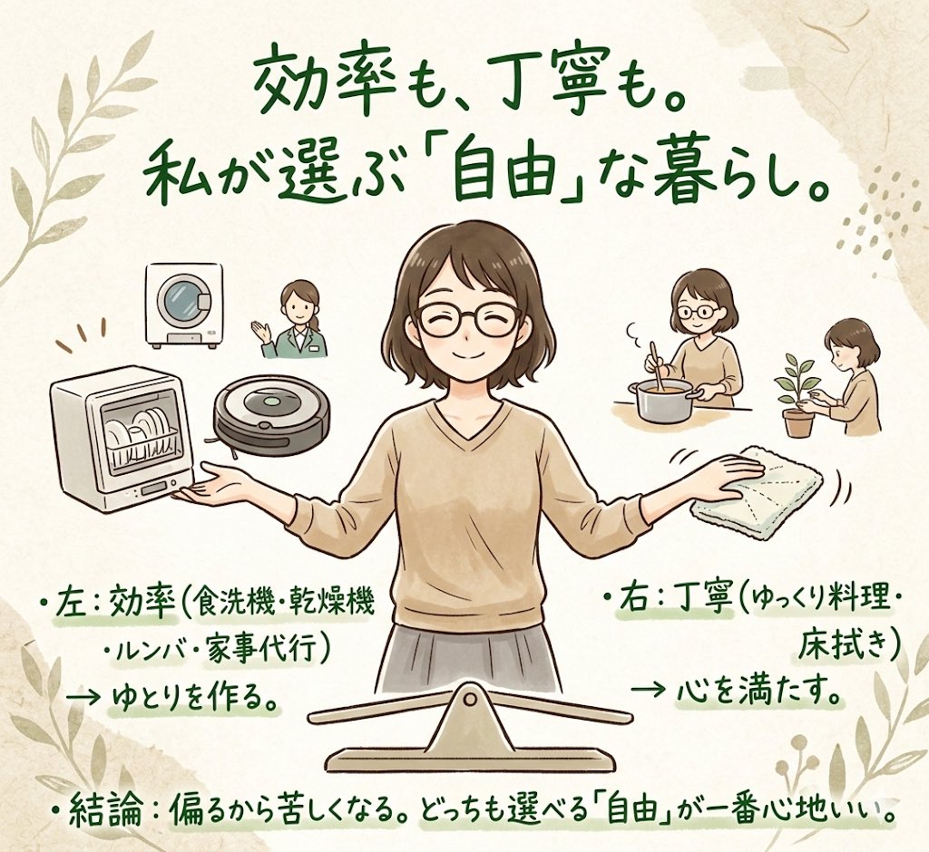 効率か、丁寧な暮らしか？

食洗機、乾燥機、ルンバ
便利家電はフル装備。

家事代行だって時々使う。

でもゆっくり料理する時間も
床を拭いた後のスッキリ感も好き。

どっちかだけに片寄ると
結局苦しくなるんだよね。
私が欲しかったのはどっちも選べる自由。