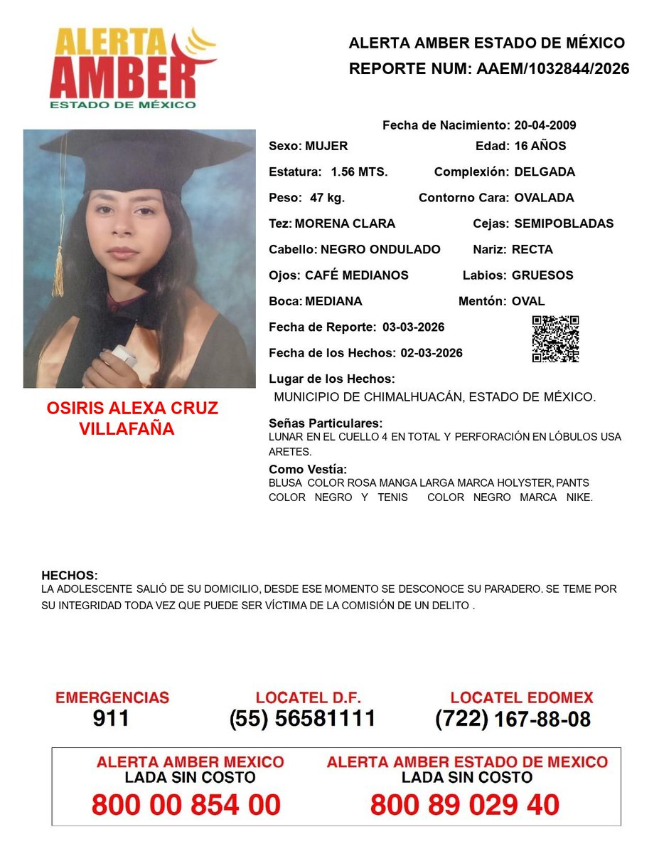 📍Tu apoyo es importante, ayúdanos a difundir, cualquier información para localizar a la siguiente persona comunícate al 📞 800 890 2940 Alerta Amber EDOMEX y ☎️ 800 7028 770 #FiscalíaEdoméx.
