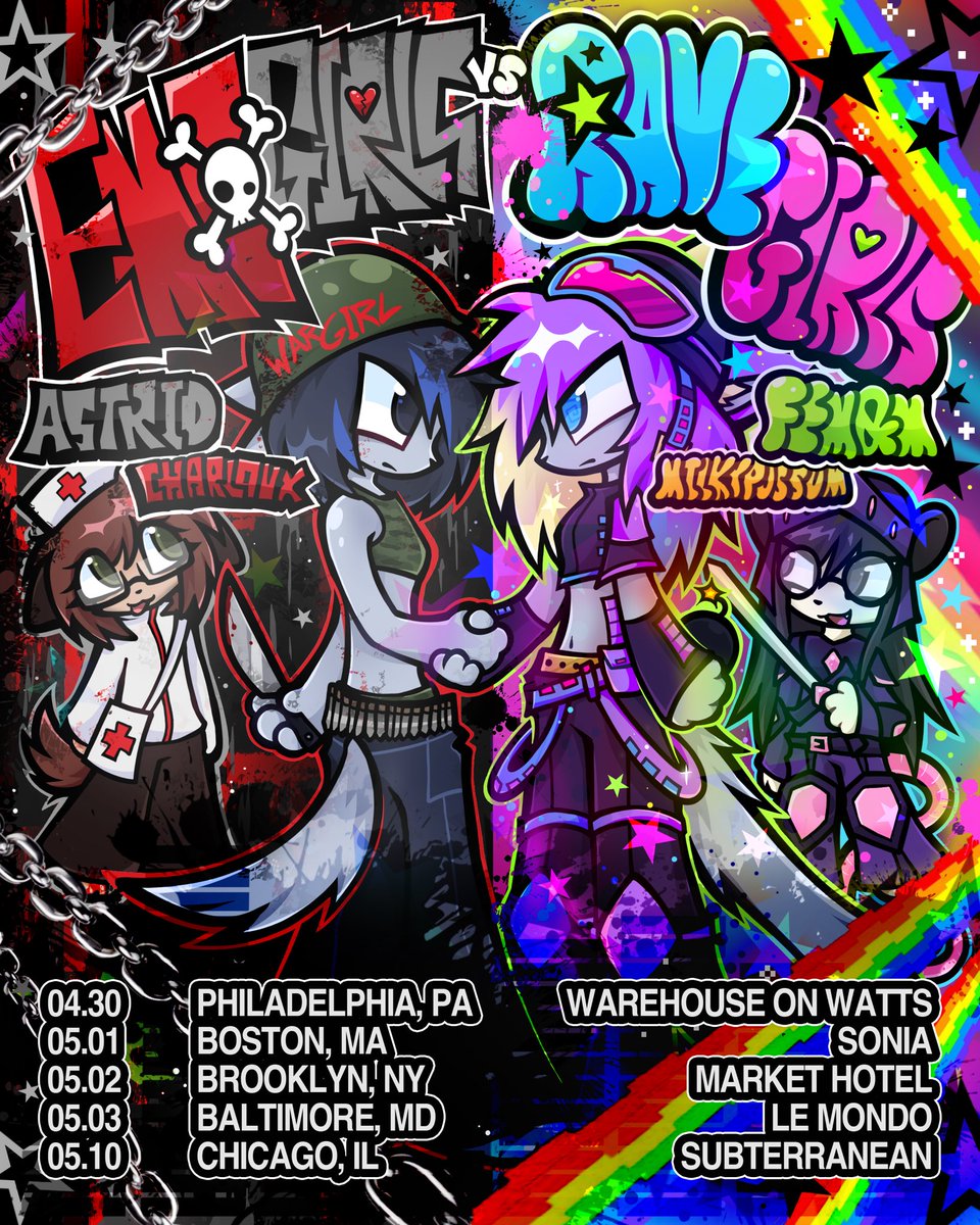 EMO GIRLS VS RAVE GIRLS EAST COAST TOUR 2026
FEM&amp;M VS ASTRID
WITH SPECIAL GUESTS MILKYPOSSUM AND CHARLOUX

presale available now, link in my bio!

it's a fight to the death >:D