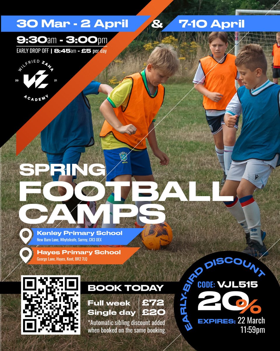 ⚽️ SPRING FOOTBALL CAMPS ARE HERE!

📅 30 Mar–2 Apr &amp; 7–10 Apr ⏰ 9:30am–3:00pm  📍 Kenley Primary School &amp; Hayes Primary School
💷 Full week £72 | Single day £20 🎟️ 20% OFF with code VJL515 

Book now before spaces go! 👇
wzacademy.co.uk