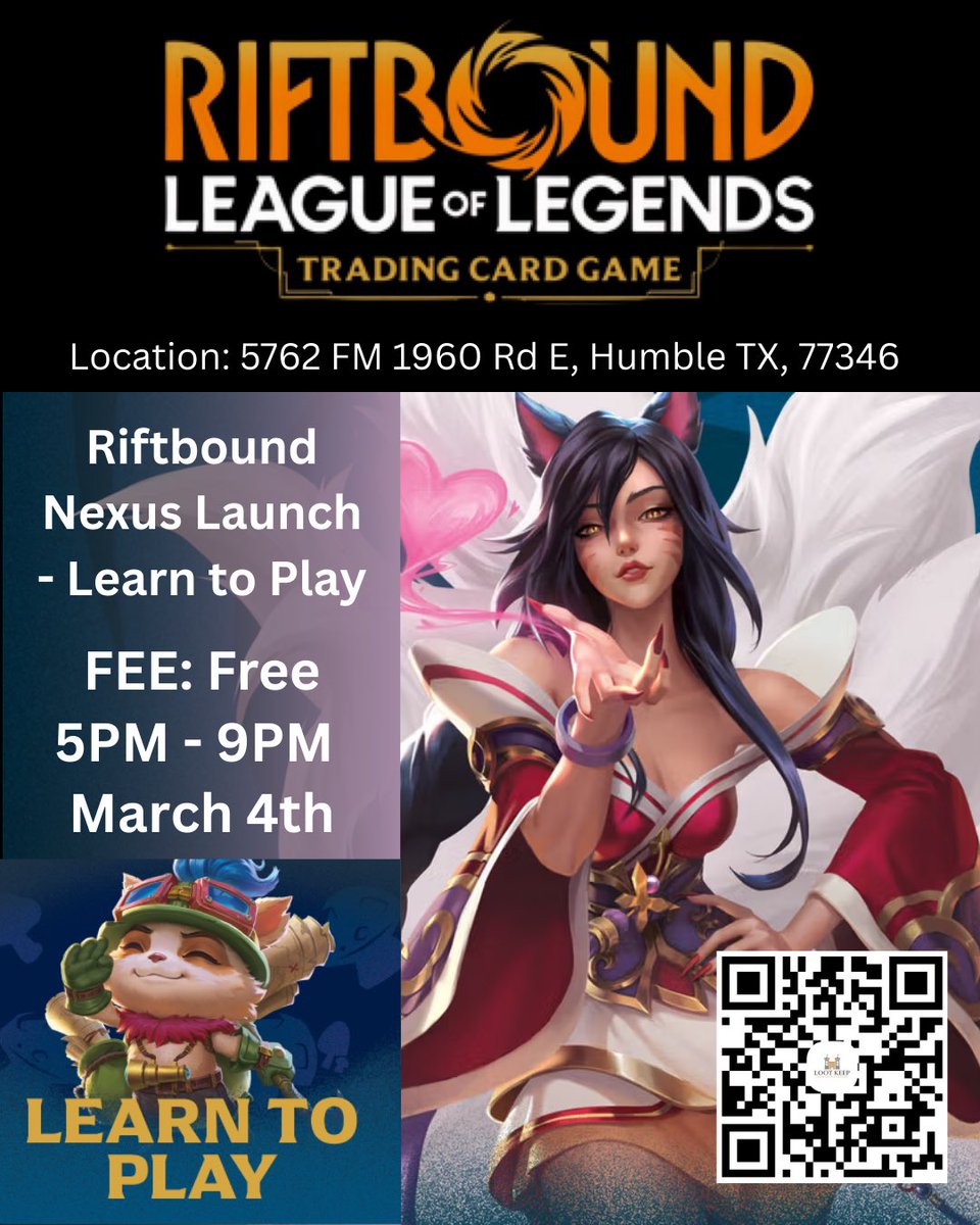 Loot_Keep's tweet photo. Riftbound Nexis Launch – Learn to Play is TODAY from 5PM–9PM!  

FREE entry.  
Play a game → Get a FREE promo pack.  

Perfect for new players or anyone wanting to jump in. See you there! 🚀 https://t.co/F5fWEixasD