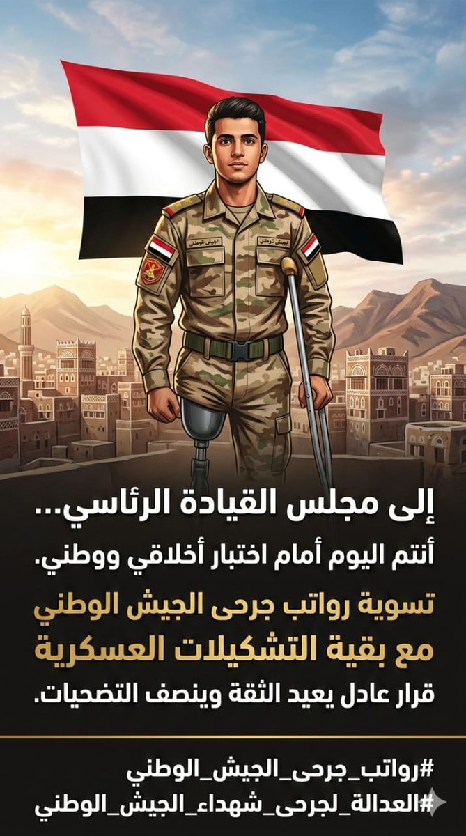 إلى مجلس القيادة الرئاسي…
أنتم اليوم أمام اختبار أخلاقي ووطني.
تسوية رواتب جرحى الجيش الوطني مع بقية التشكيلات العسكرية قرار عادل يعيد الثقة وينصف التضحيات.
#رواتب_جرحى_الجيش_الوطني
#العدالة_لجرحى_شهداء_الجيش_الوطني